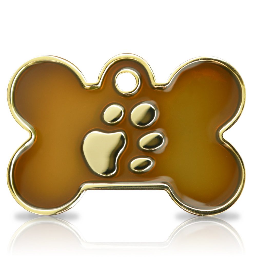 Kaiverrettu koiran nimilaatta Fashion-tassu ISO luu kullattu, ruskea