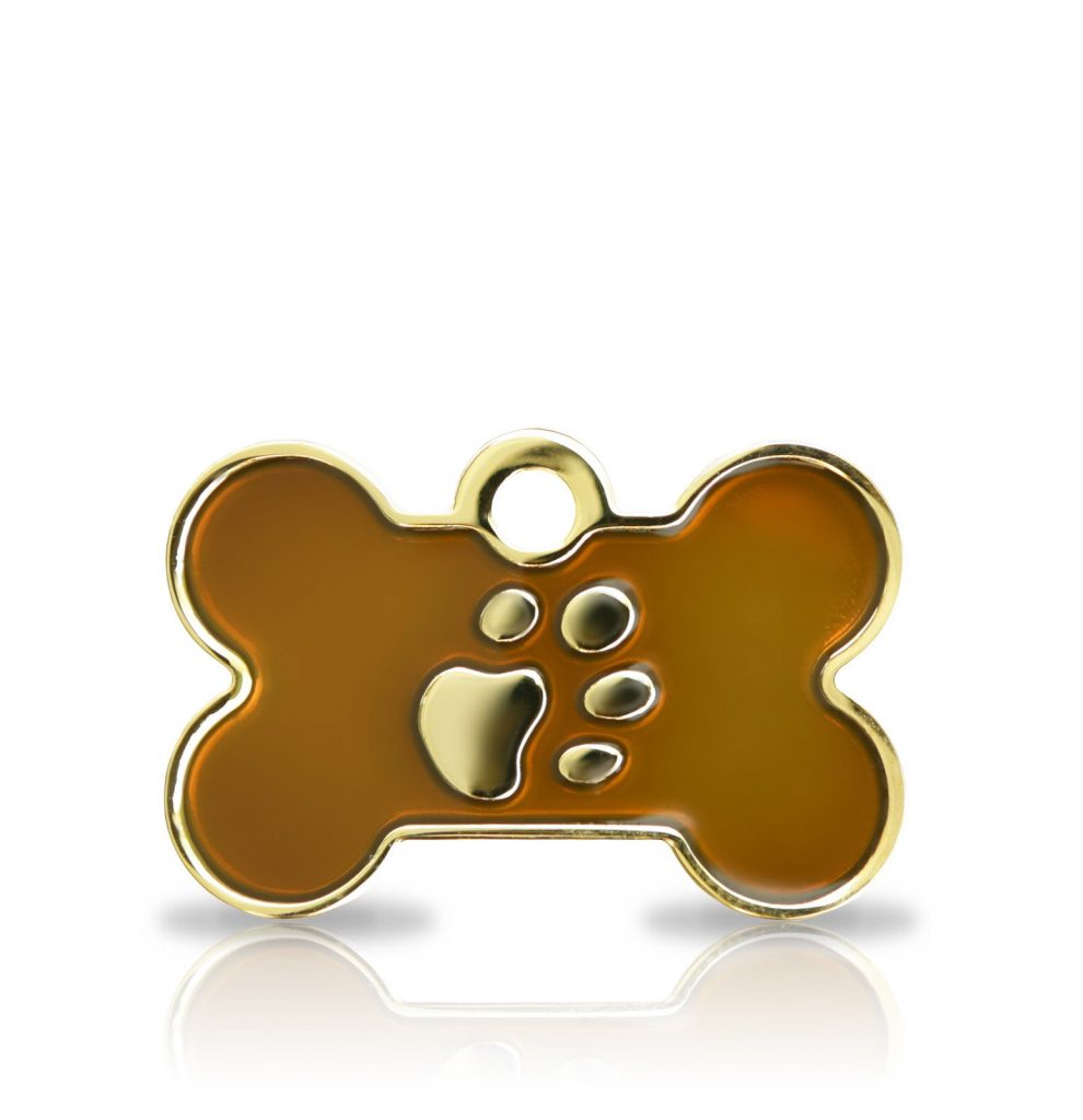 Kaiverrettu koiran nimilaatta Fashion-tassu pieni luu kullattu, ruskea