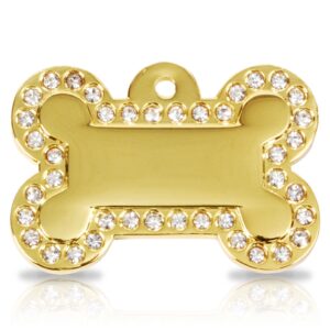 Kaiverrettu koiran nimilaatta - Glamour kullattu ISO luu, kirkkaat strassit