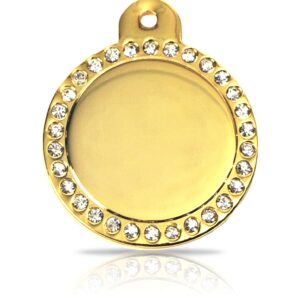 Kaiverrettu koiran nimilaatta - Glamour kullattu ISO ympyrä, kirkkaat strassit