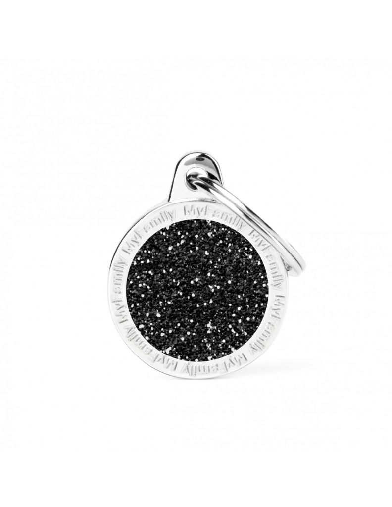 Kaiverrettu koiran nimilaatta - GLITTER pieni ympyrä, musta