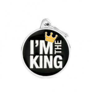 Kaiverrettu nimilaatta tai avaimenperä - CHARMS iso ympyrä "i am the king", my family