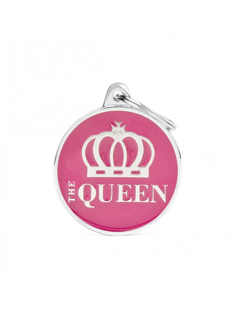 Kaiverrettu nimilaatta tai avaimenperä - CHARMS iso ympyrä "the queen", my family