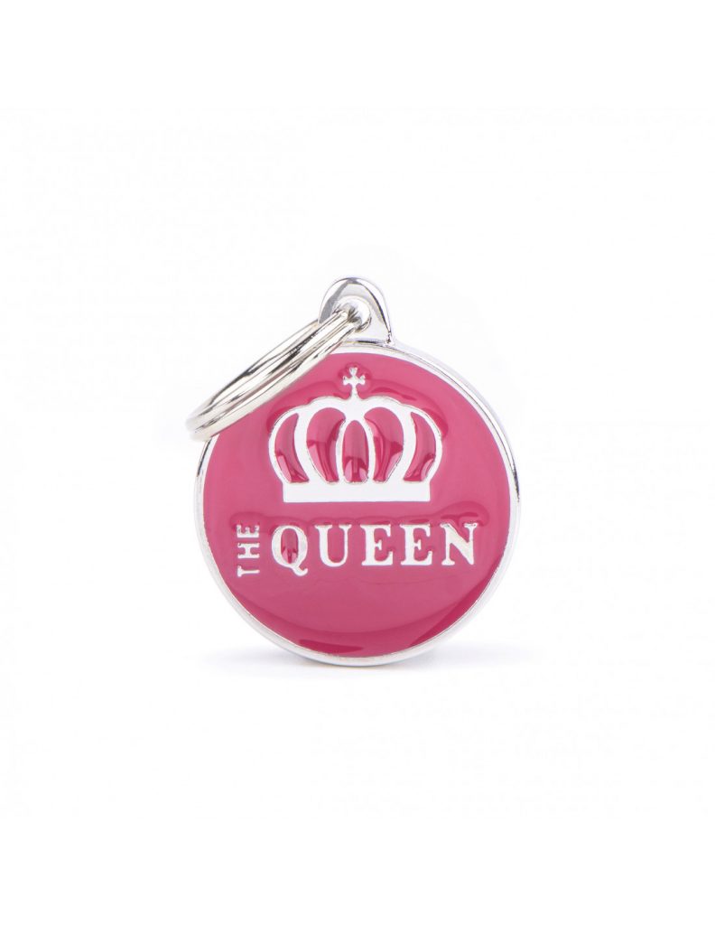 Kaiverrettu nimilaatta tai avaimenperä - CHARMS keskikoinen ympyrä "the queen", my family